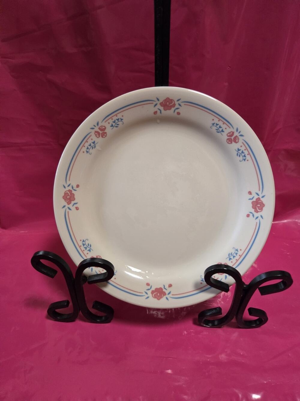 FOUR 7.25" Salad Plates - Corelle EMBROIDERY (sand blue pink roses) - NICE!